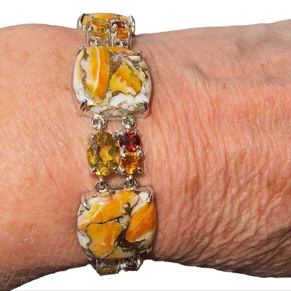 Spiny Oyster & Multi Gemstone Sterling Silver Toggle Bracelet: Adjustable - Picture 9 of 13